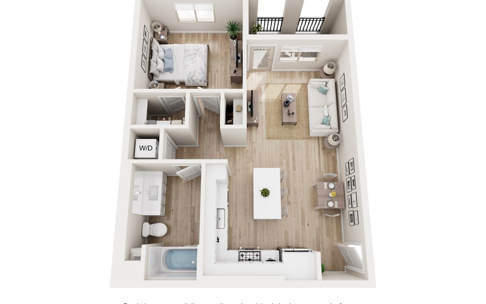 A1 - 1 bedroom floorplan layout with 1 bathroom and 750 square feet (3D)