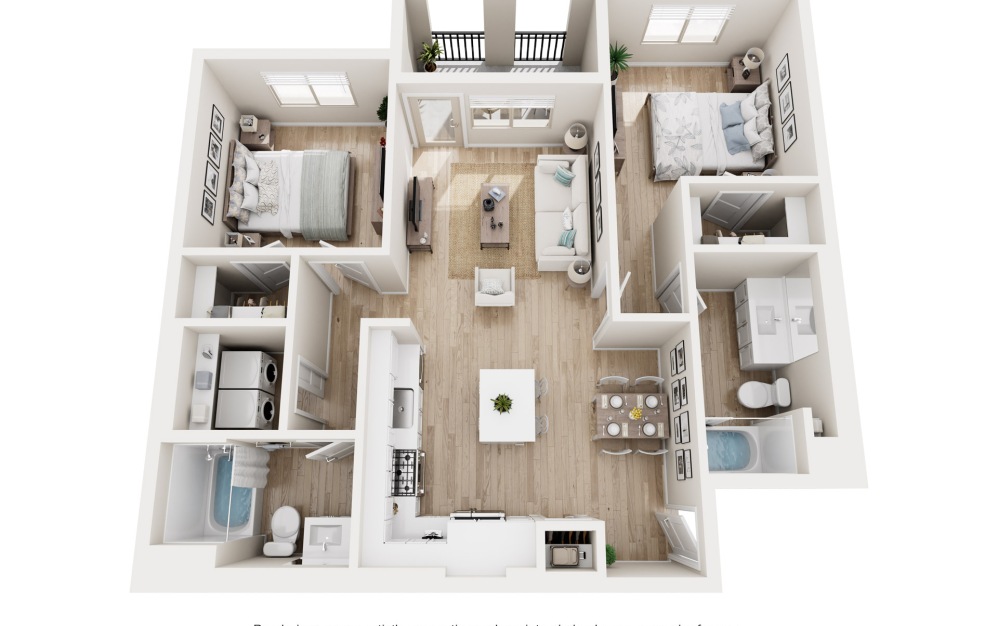 B1 - 2 bedroom floorplan layout with 2 bathrooms and 1064 square feet (3D)