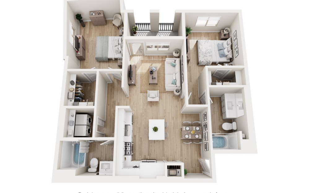 B1 ALT - 2 bedroom floorplan layout with 2 bathrooms and 1176 square feet (3D)