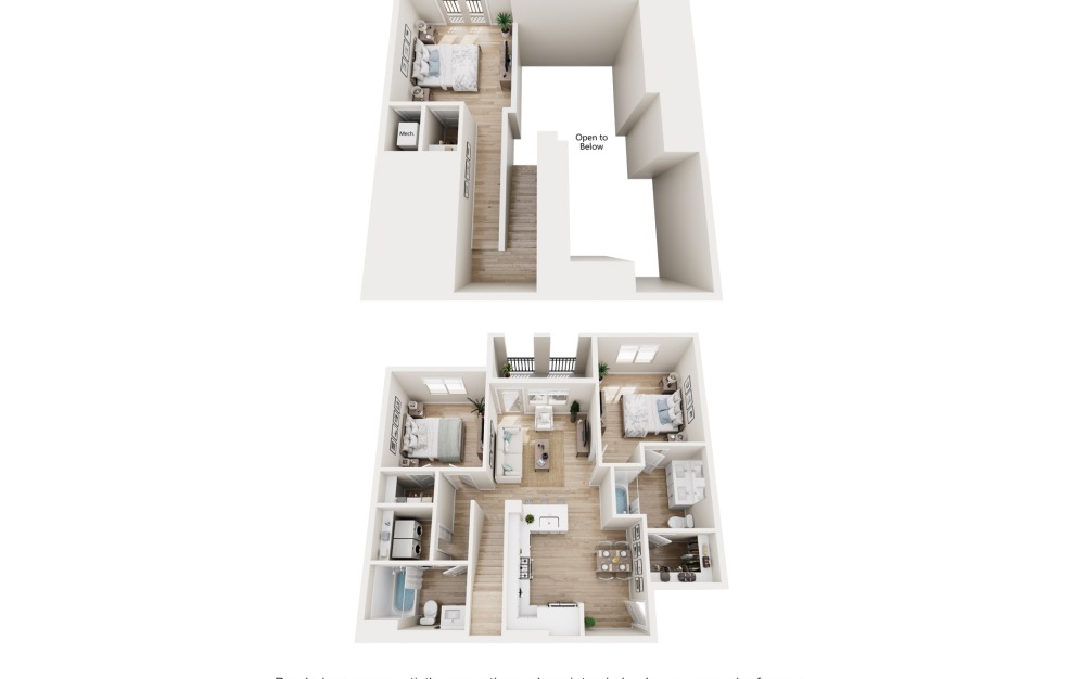 B1 Loft - 2 bedroom floorplan layout with 2 bathrooms and 1268 square feet (3D)