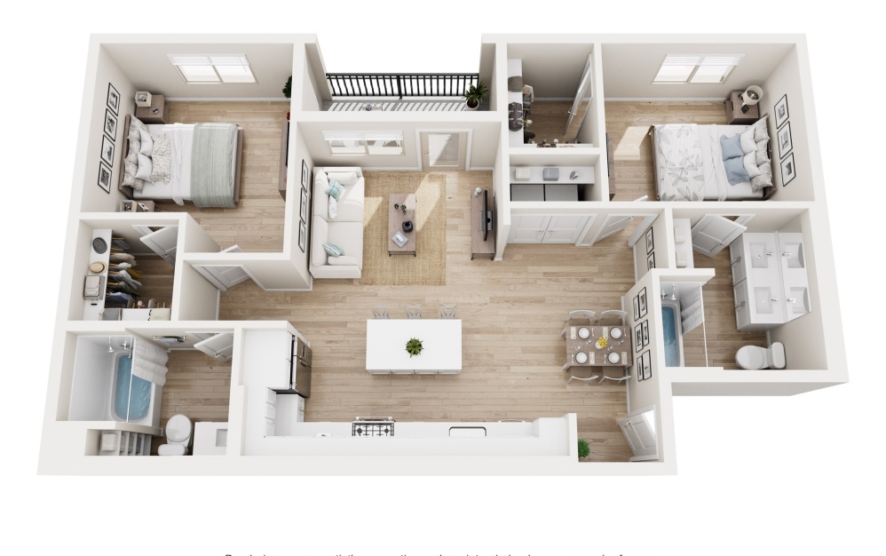 B2 - 2 bedroom floorplan layout with 2 bathrooms and 1013 square feet (3D)