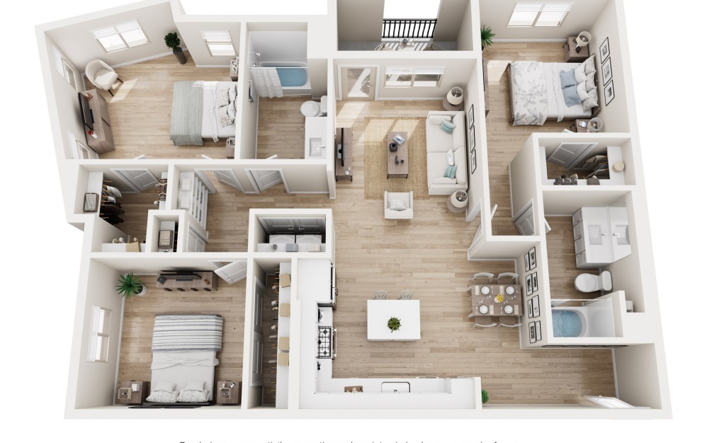 C1 ALT - 3 bedroom floorplan layout with 2 bathrooms and 1405 square feet (3D)