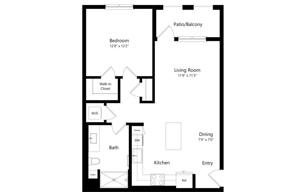 A1 - 1 bedroom floorplan layout with 1 bathroom and 767 square feet (2D)