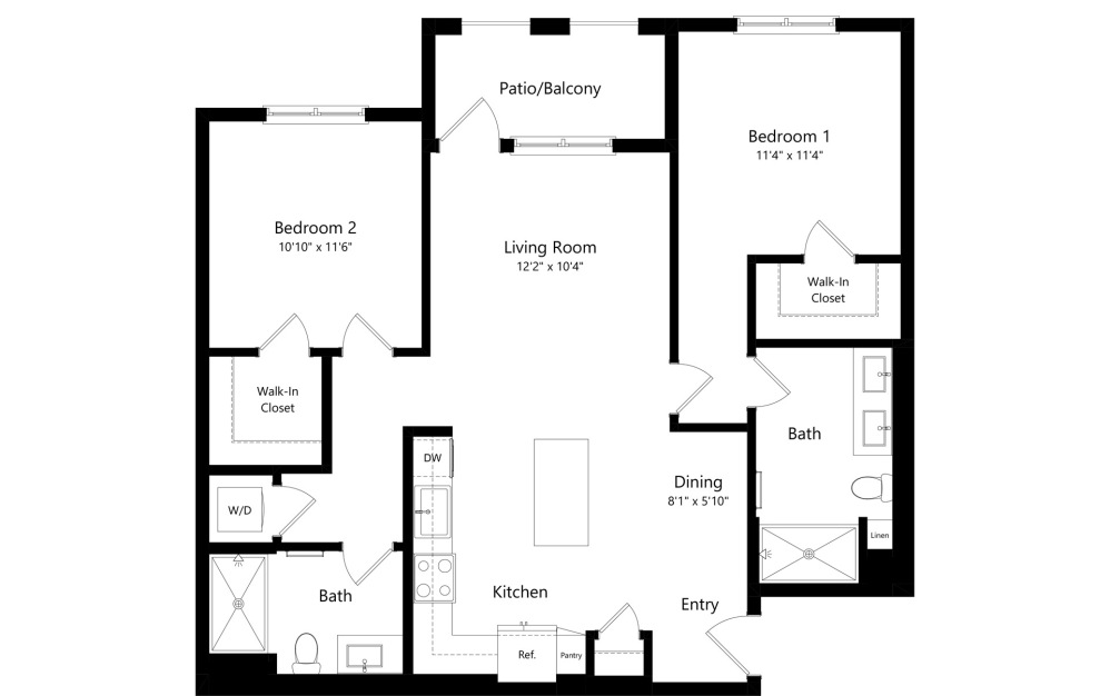 B1 - 2 bedroom floorplan layout with 2 bathrooms and 1064 square feet (2D)