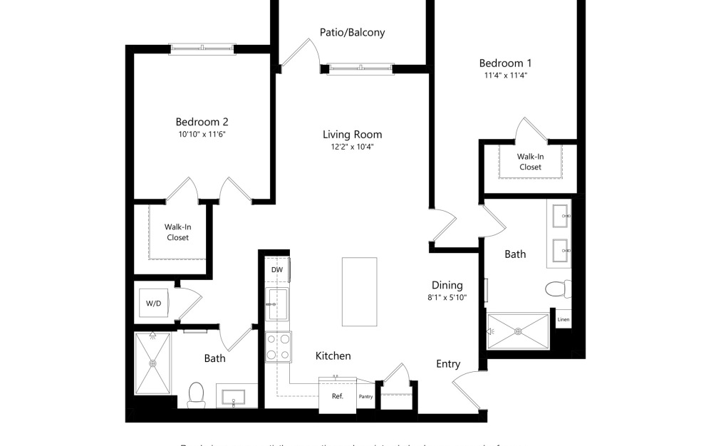 B1 - 2 bedroom floorplan layout with 2 bathrooms and 1064 square feet (2D)