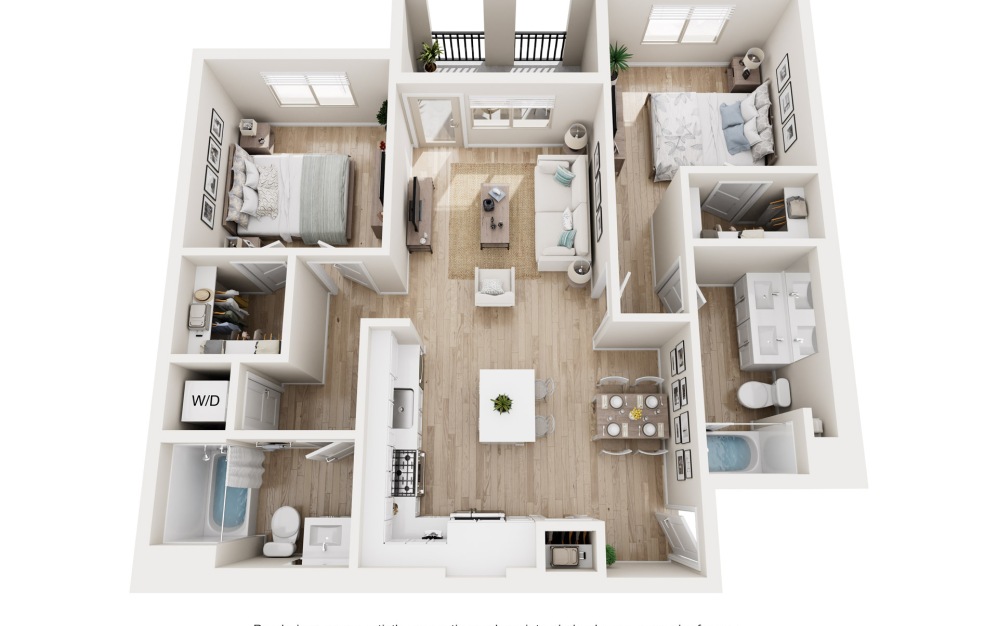 B1 - 2 bedroom floorplan layout with 2 bathrooms and 1064 square feet (3D)