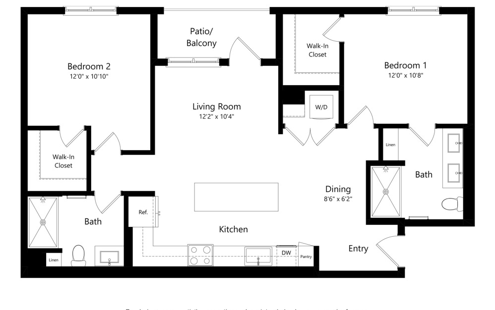 B2 - 2 bedroom floorplan layout with 2 bathrooms and 1028 square feet (2D)
