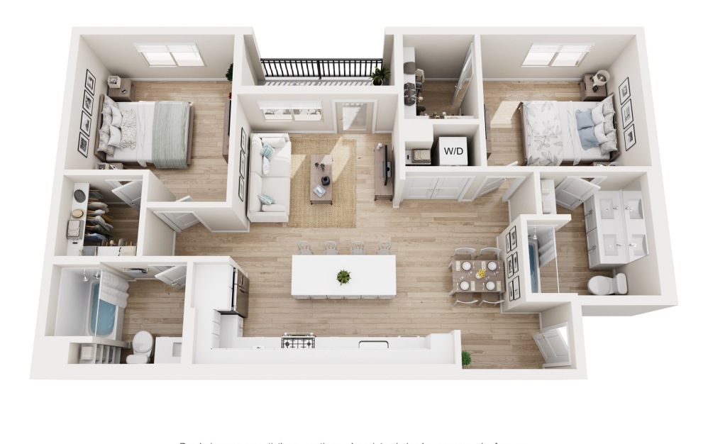 B2 - 2 bedroom floorplan layout with 2 bathrooms and 1028 square feet (3D) B2 - 2 bedroom floorplan layout with 2 bathrooms and 1028 square feet (3D)