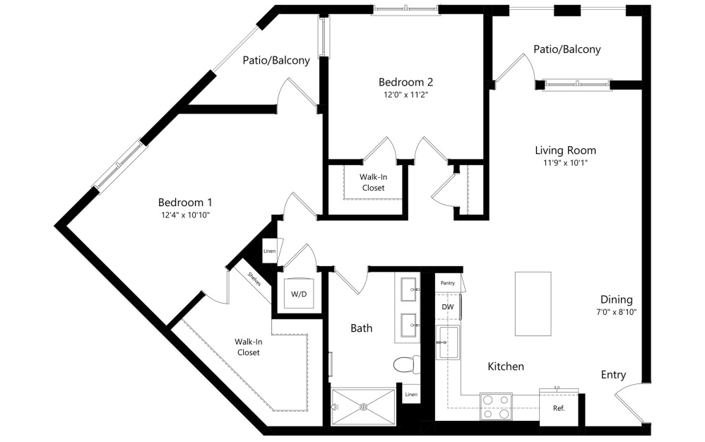 B3 - 2 bedroom floorplan layout with 2 bathrooms and 1094 square feet (2D)