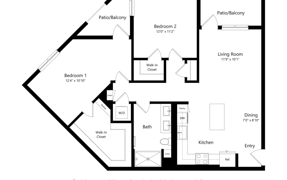 B3 - 2 bedroom floorplan layout with 2 bathrooms and 1094 square feet (2D)