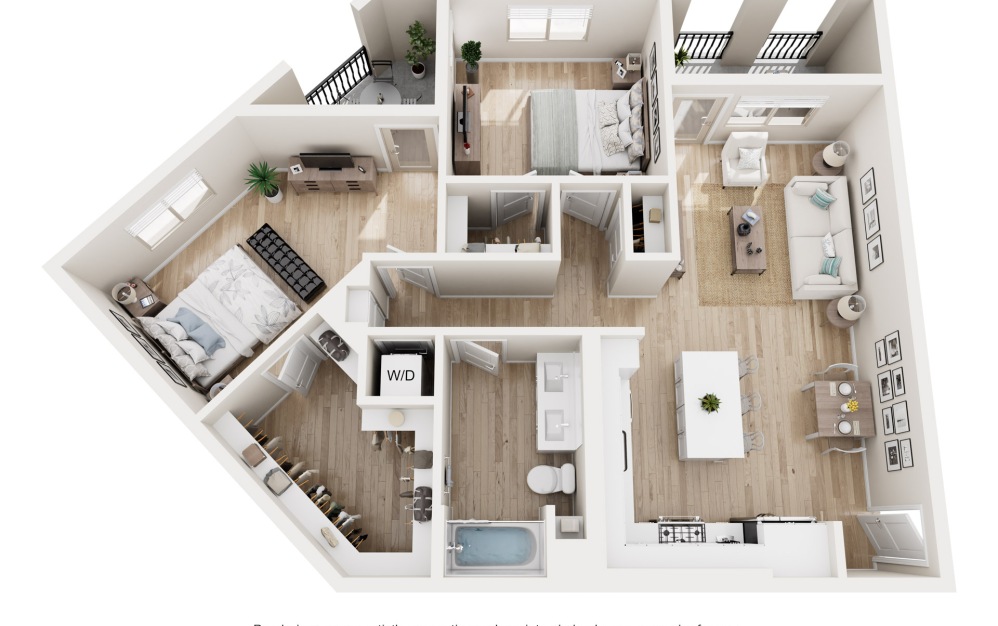 B3 - 2 bedroom floorplan layout with 2 bathrooms and 1094 square feet (3D) B3 - 2 bedroom floorplan layout with 2 bathrooms and 1094 square feet (3D)