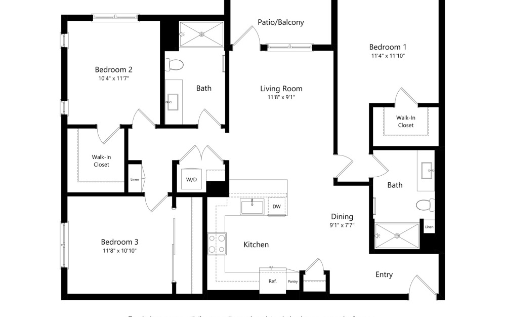 C1 - 3 bedroom floorplan layout with 2 bathrooms and 1333 square feet (2D)