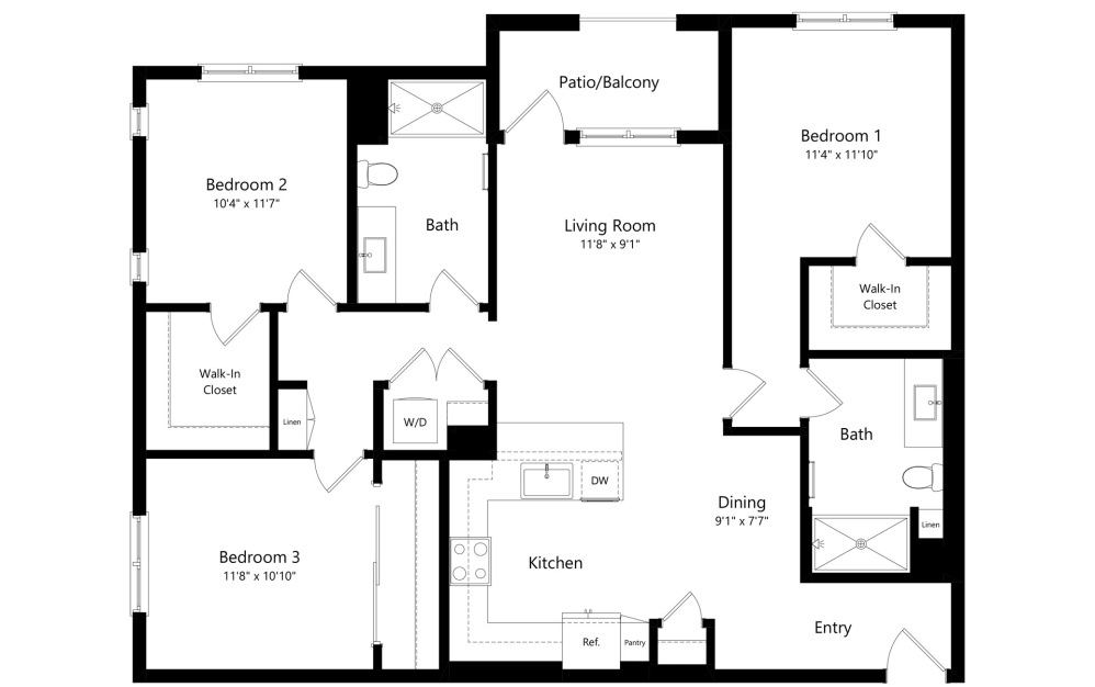 C1 - 3 bedroom floorplan layout with 2 bathrooms and 1333 square feet (2D)