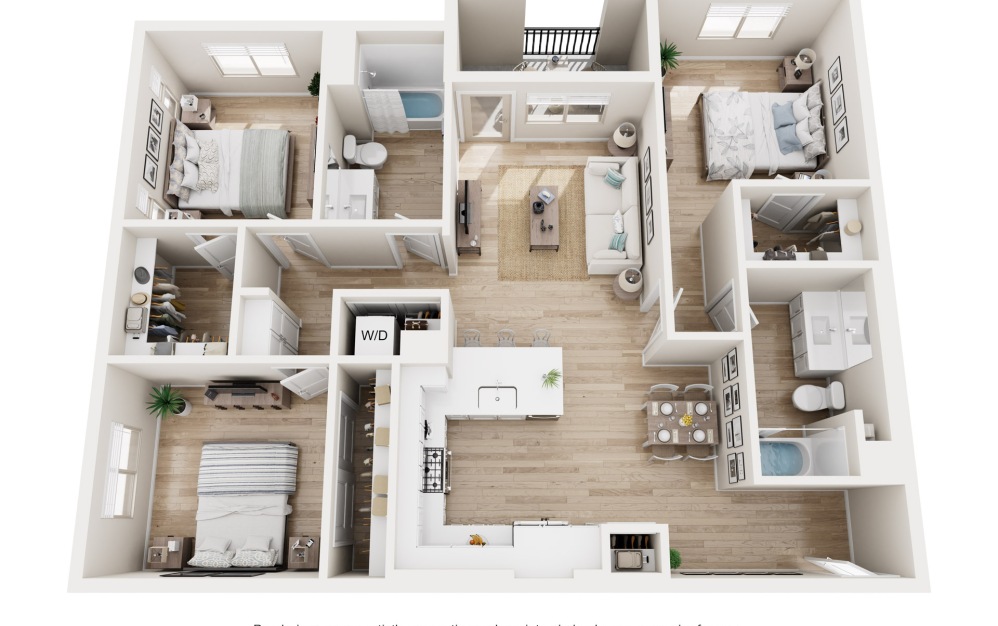 C1 - 3 bedroom floorplan layout with 2 bathrooms and 1333 square feet (3D)