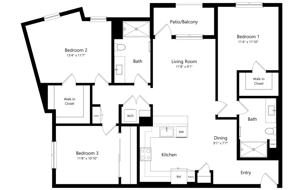 C1 ALT - 3 bedroom floorplan layout with 2 bathrooms and 1406 square feet (2D)