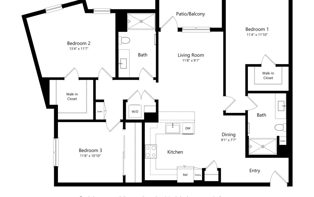 C1 ALT - 3 bedroom floorplan layout with 2 bathrooms and 1406 square feet (2D)