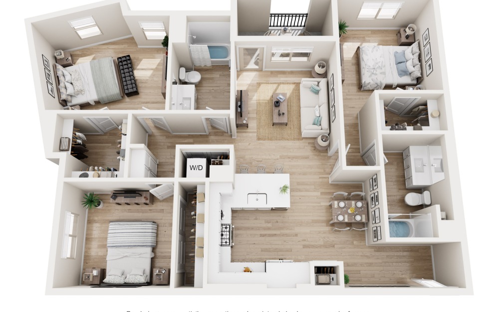 C1 ALT - 3 bedroom floorplan layout with 2 bathrooms and 1406 square feet (3D)