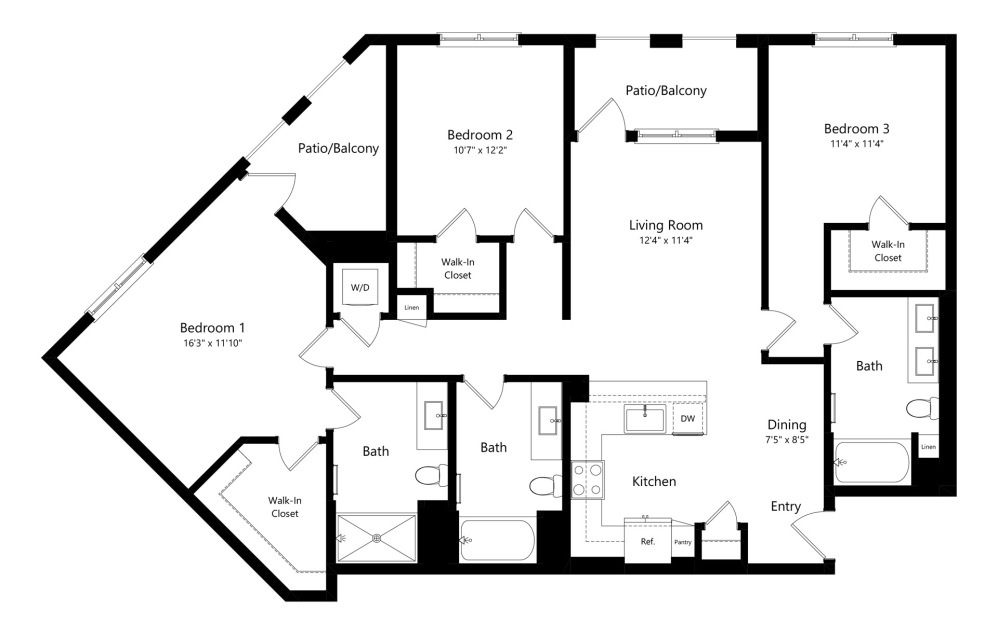 C2 - 3 bedroom floorplan layout with 2 bathrooms and 1492 square feet (2D)