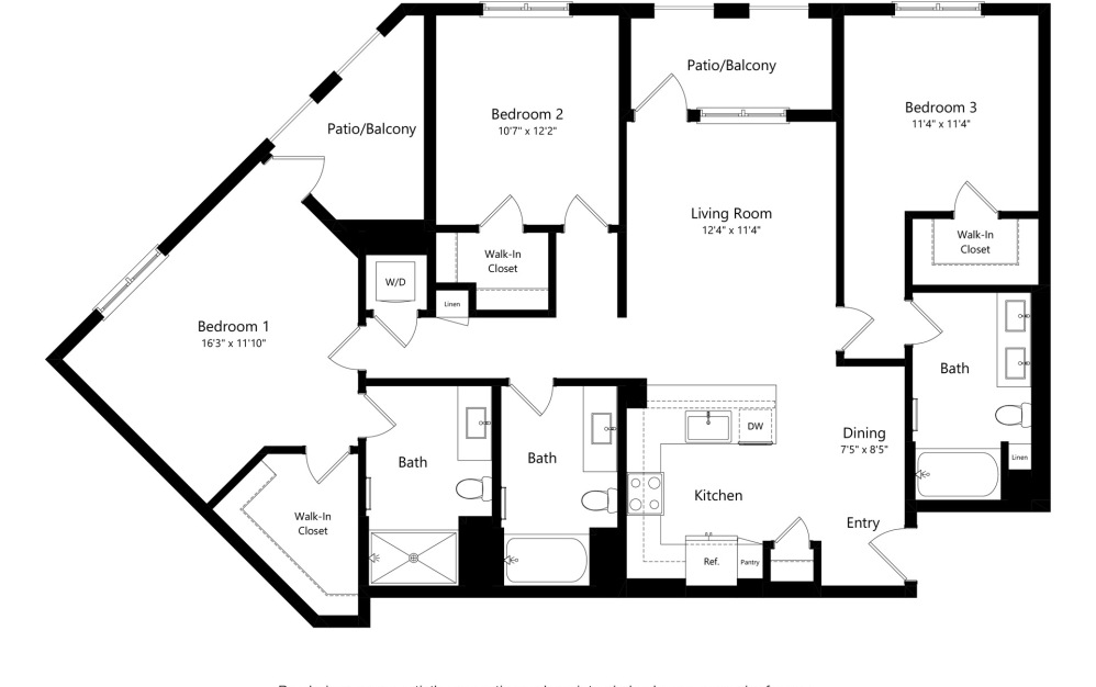C2 - 3 bedroom floorplan layout with 2 bathrooms and 1492 square feet (2D)