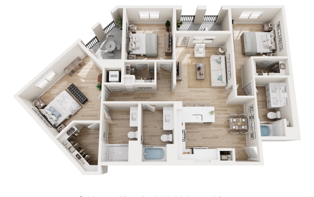 C2 - 3 bedroom floorplan layout with 2 bathrooms and 1492 square feet (3D) C2 - 3 bedroom floorplan layout with 2 bathrooms and 1492 square feet (3D)