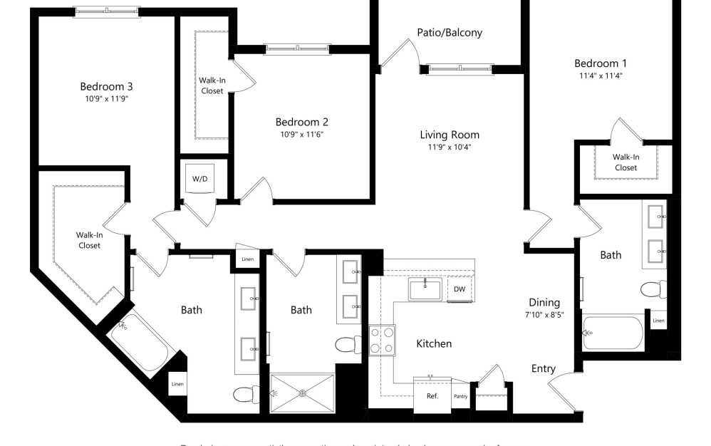 C3 - 3 bedroom floorplan layout with 2 bathrooms and 1496 square feet (2D)