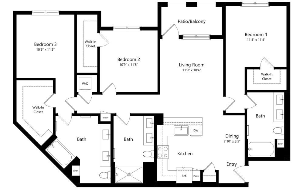 C3 - 3 bedroom floorplan layout with 2 bathrooms and 1496 square feet (2D)