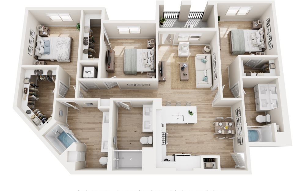 C3 - 3 bedroom floorplan layout with 2 bathrooms and 1496 square feet (3D) C3 - 3 bedroom floorplan layout with 2 bathrooms and 1496 square feet (3D)